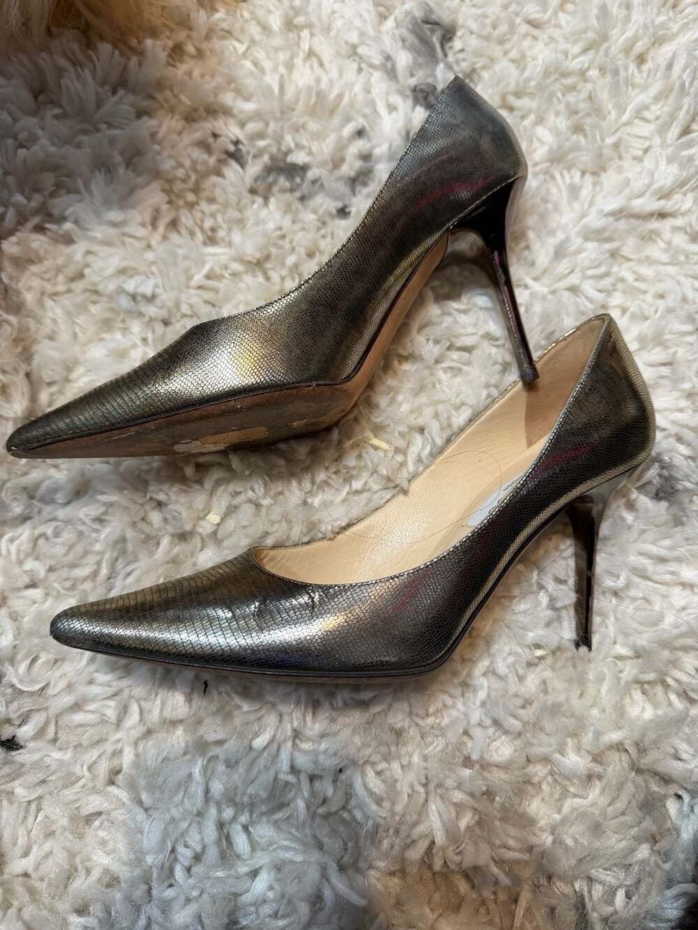 Jimmy Choo Metallic Gunmetal Pointed-Toe Stiletto Heels